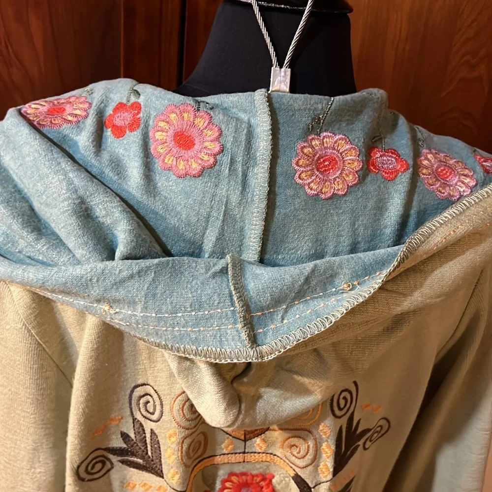 paparazzi Sage Green Hooded Embroidered Cardigan with Pink Floral Accents - Picture 3 of 11